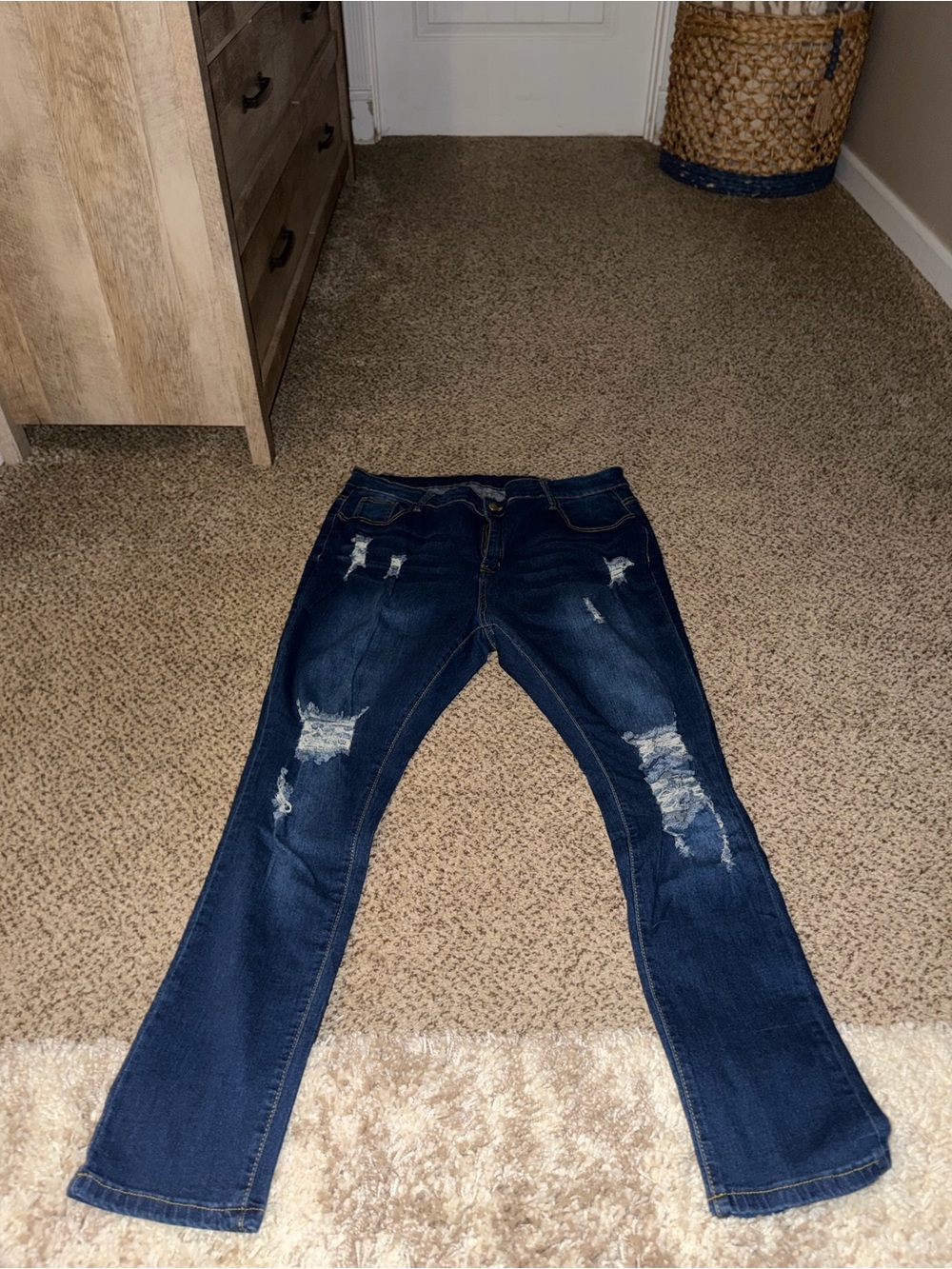 Amazon Women's Dark Blue Distressed Straight Leg Jeans